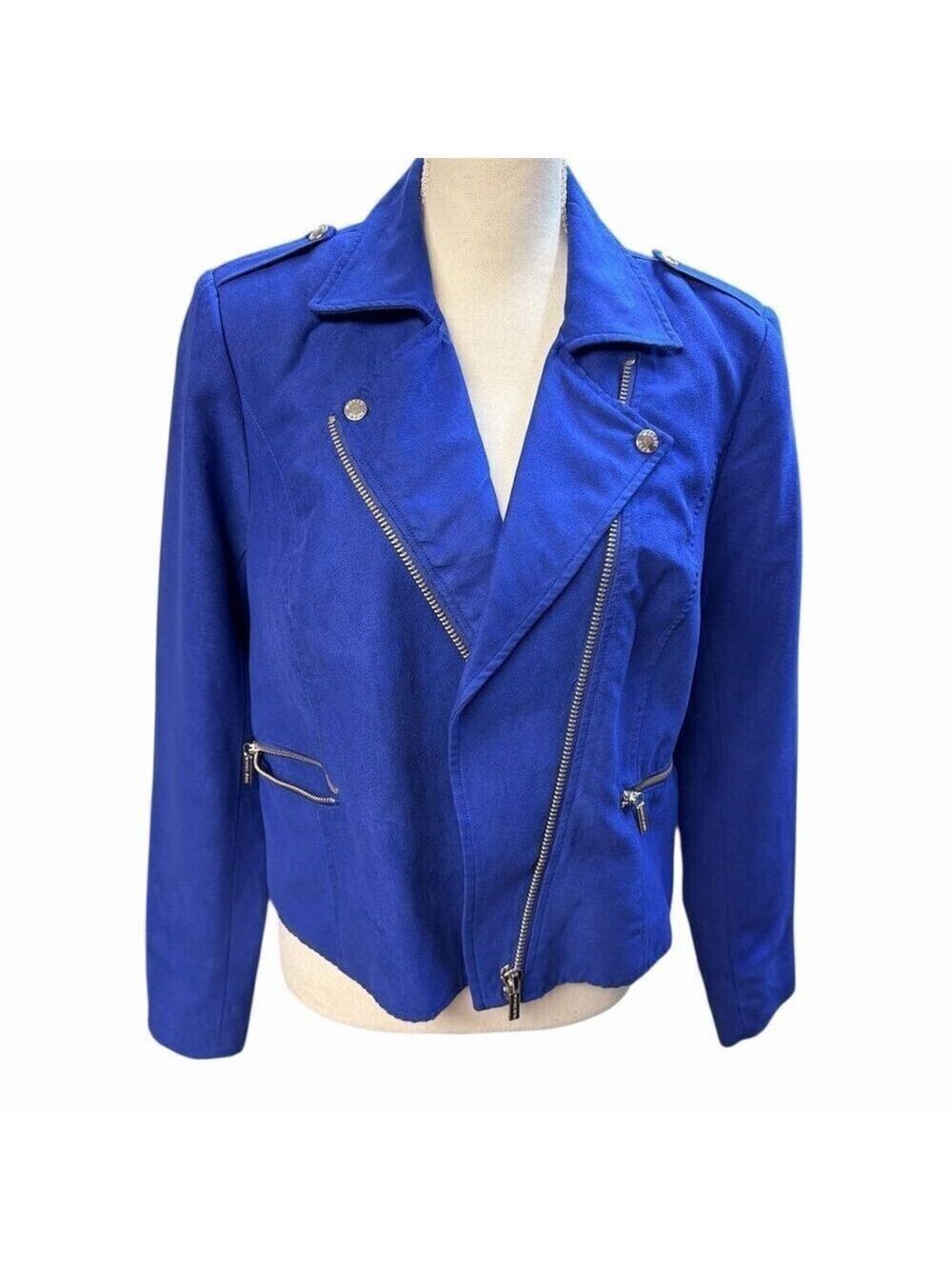 Michael Kors Women's Blue Moto Jacket Size L Zipper Accents